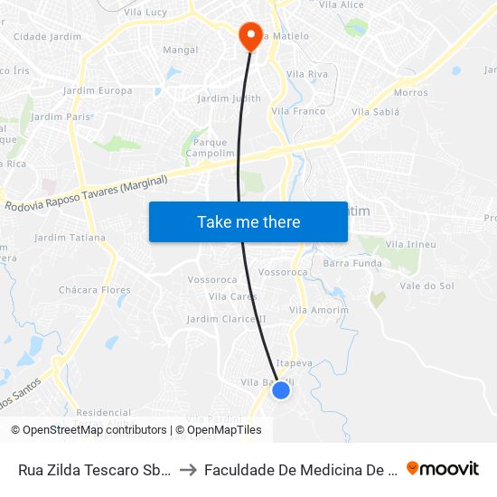 Rua Zilda Tescaro Sbrana, 56 to Faculdade De Medicina De Sorocaba map