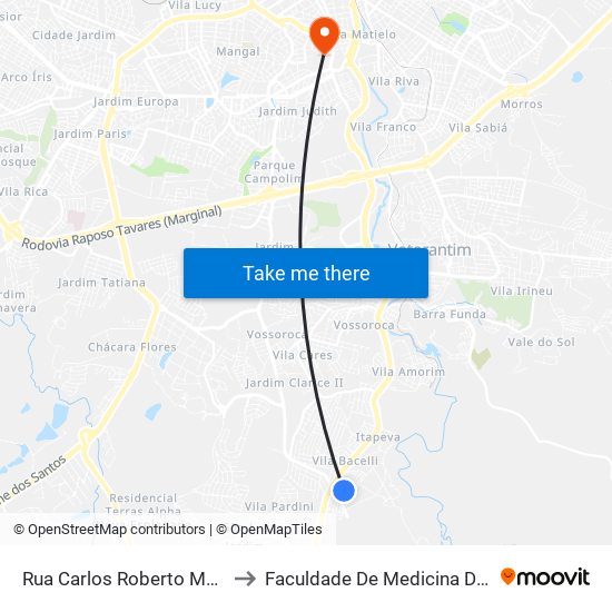 Rua Carlos Roberto Machado, 98 to Faculdade De Medicina De Sorocaba map