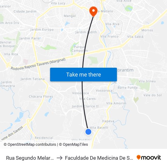 Rua Segundo Melaré, 398 to Faculdade De Medicina De Sorocaba map