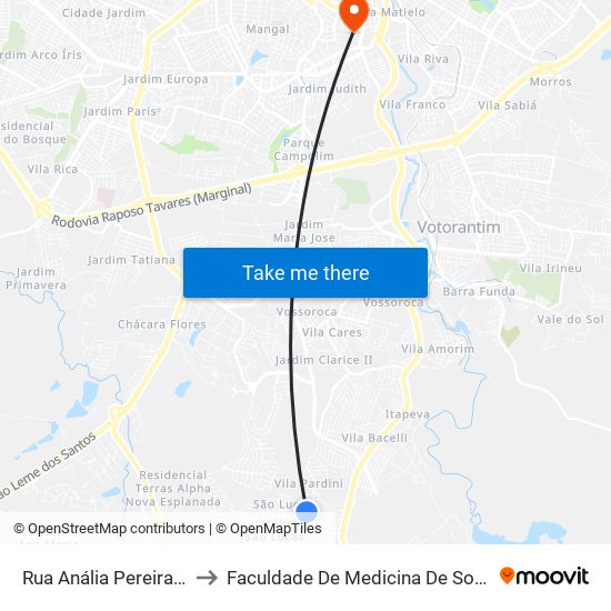 Rua Anália Pereira, 600 to Faculdade De Medicina De Sorocaba map