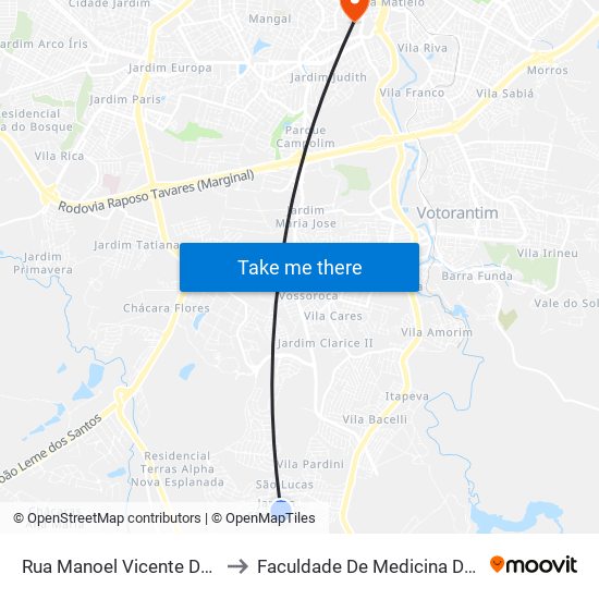 Rua Manoel Vicente Duraes, 241 to Faculdade De Medicina De Sorocaba map