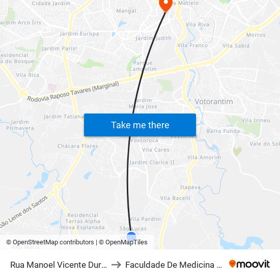 Rua Manoel Vicente Duraes, 97-125 to Faculdade De Medicina De Sorocaba map