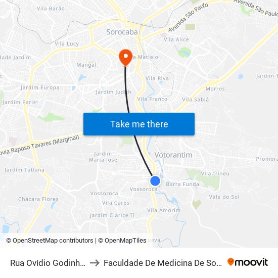 Rua Ovídio Godinho, 88 to Faculdade De Medicina De Sorocaba map