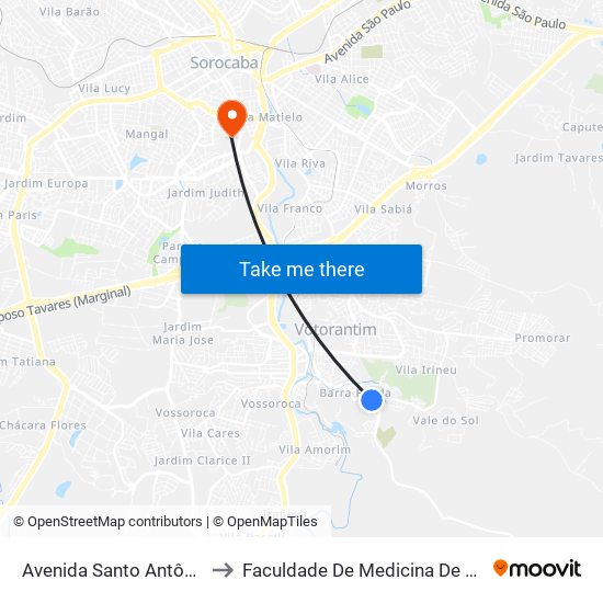 Avenida Santo Antônio, 630 to Faculdade De Medicina De Sorocaba map