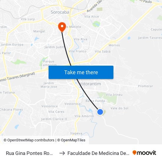 Rua Gina Pontes Romero, 389 to Faculdade De Medicina De Sorocaba map