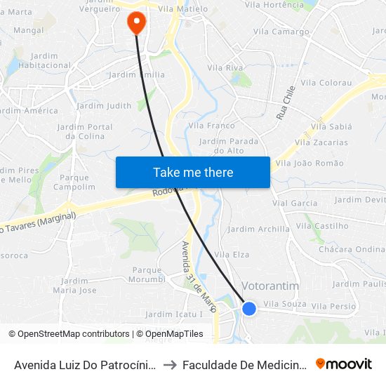 Avenida Luiz Do Patrocínio Fernandes, 84 to Faculdade De Medicina De Sorocaba map