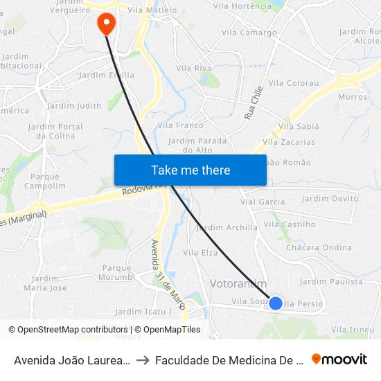 Avenida João Laureano, 713 to Faculdade De Medicina De Sorocaba map