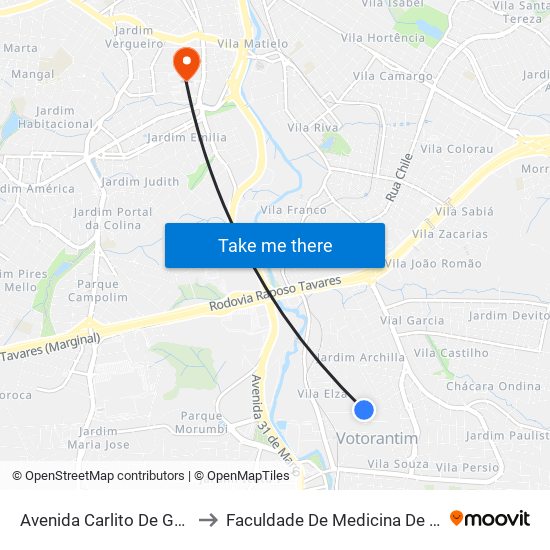 Avenida Carlito De Góes, 225 to Faculdade De Medicina De Sorocaba map