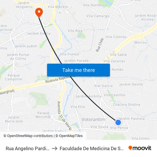 Rua Angelino Pardini, 50 to Faculdade De Medicina De Sorocaba map