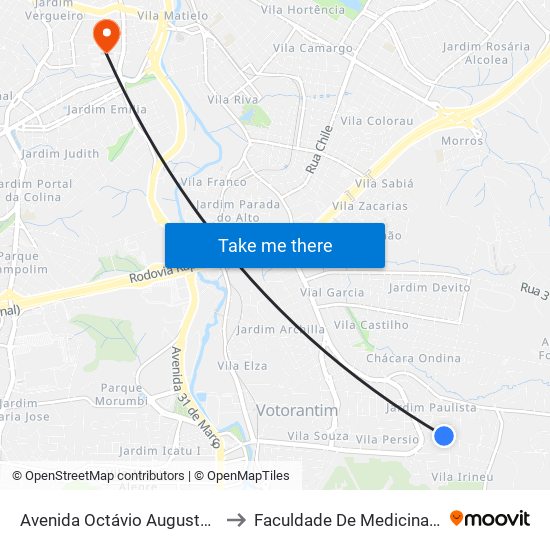 Avenida Octávio Augusto Rangel, 2296 to Faculdade De Medicina De Sorocaba map