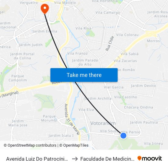Avenida Luiz Do Patrocínio Fernandes, 963 to Faculdade De Medicina De Sorocaba map
