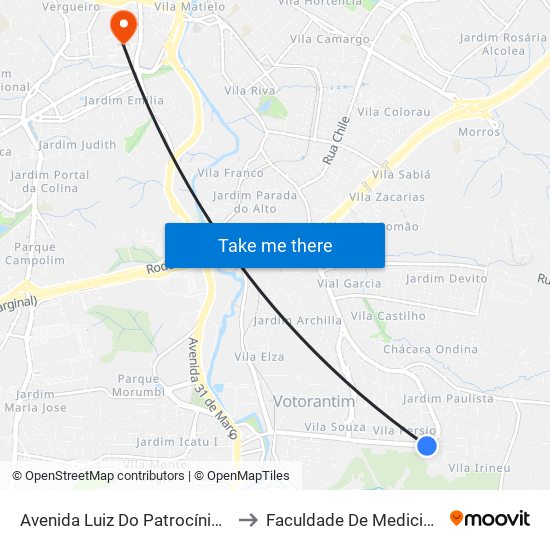 Avenida Luiz Do Patrocínio Fernandes, 1360 to Faculdade De Medicina De Sorocaba map