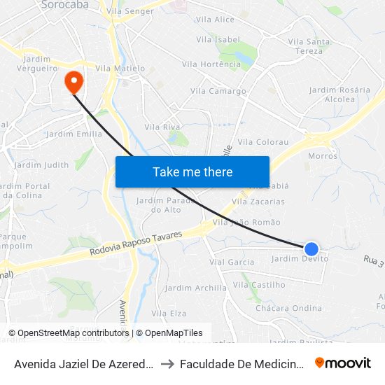 Avenida Jaziel De Azeredo Ribeiro, 1201 to Faculdade De Medicina De Sorocaba map