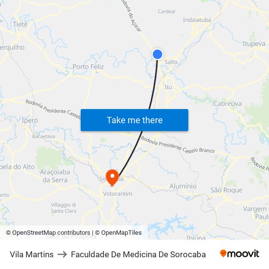Vila Martins to Faculdade De Medicina De Sorocaba map