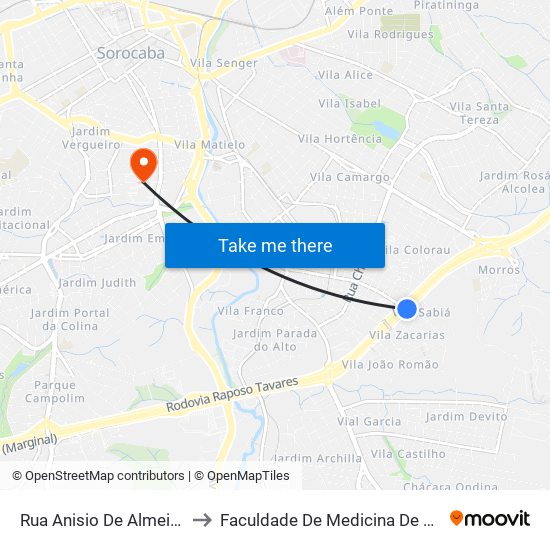 Rua Anisio De Almeida, 148 to Faculdade De Medicina De Sorocaba map