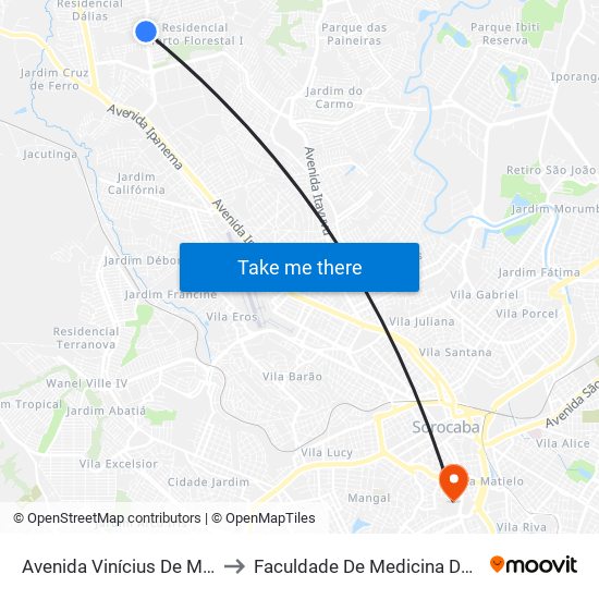 Avenida Vinícius De Moraes, 27 to Faculdade De Medicina De Sorocaba map