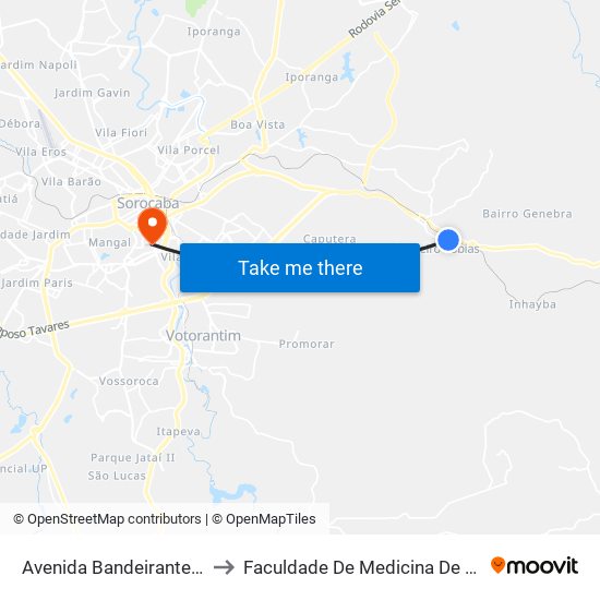 Avenida Bandeirantes, 4245 to Faculdade De Medicina De Sorocaba map