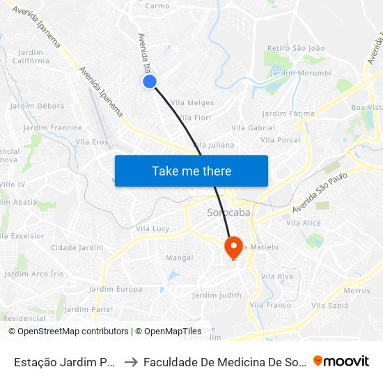 Estação Jardim Paraná to Faculdade De Medicina De Sorocaba map