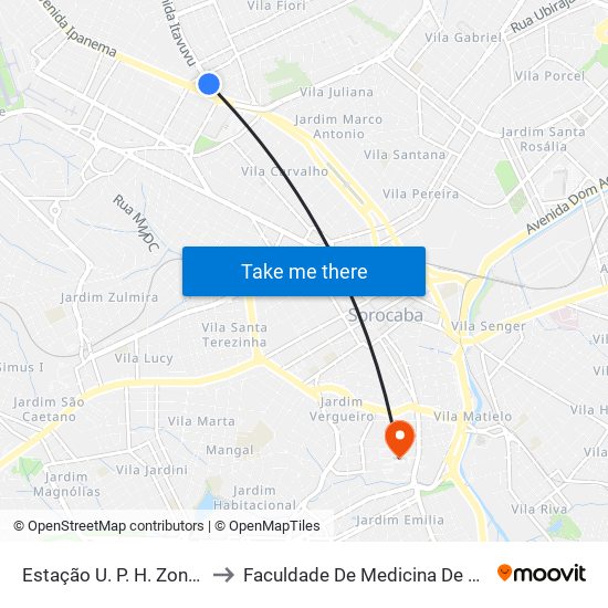 Estação U. P. H. Zona Norte to Faculdade De Medicina De Sorocaba map