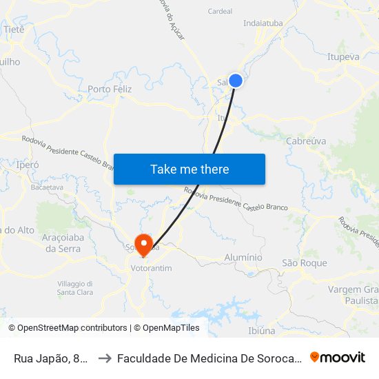 Rua Japão, 868 to Faculdade De Medicina De Sorocaba map