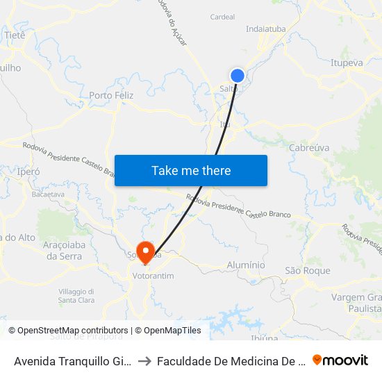 Avenida Tranquillo Giannini, 6 to Faculdade De Medicina De Sorocaba map