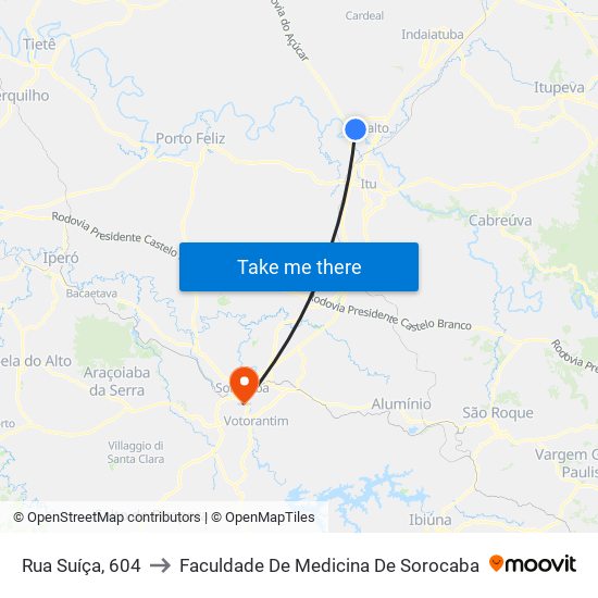 Rua Suíça, 604 to Faculdade De Medicina De Sorocaba map