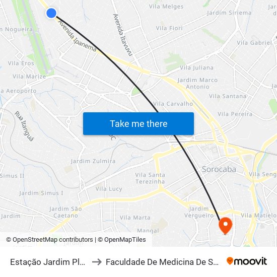 Estação Jardim Planalto to Faculdade De Medicina De Sorocaba map