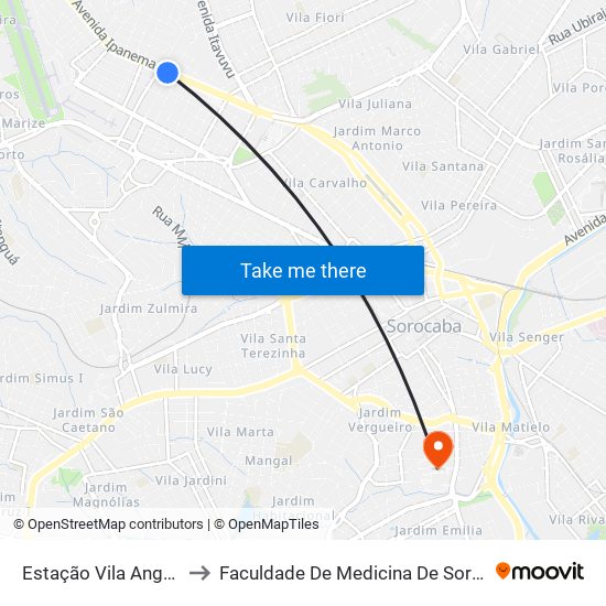 Estação Vila Angélica to Faculdade De Medicina De Sorocaba map