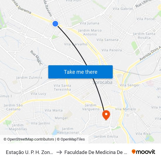 Estação U. P. H. Zona Norte to Faculdade De Medicina De Sorocaba map