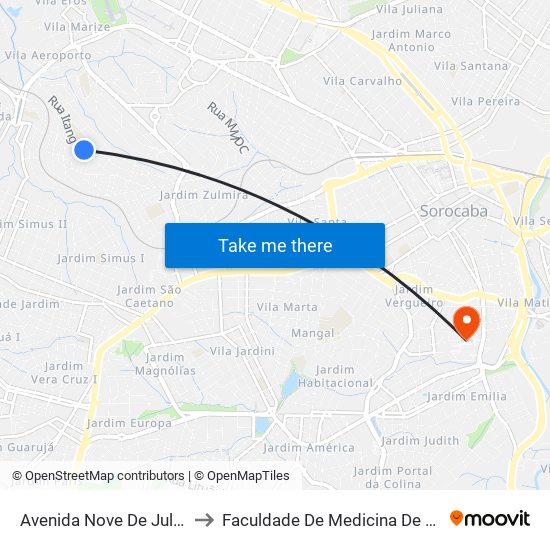 Avenida Nove De Julho, 604 to Faculdade De Medicina De Sorocaba map
