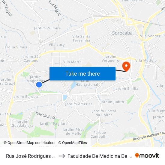 Rua José Rodrigues Filho, 85 to Faculdade De Medicina De Sorocaba map