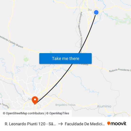 R. Leonardo Piunti 120 - São Luiz Itu - SP Brasil to Faculdade De Medicina De Sorocaba map