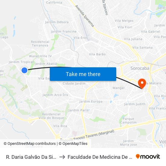 R. Daria Galvão Da Silva, 197 to Faculdade De Medicina De Sorocaba map