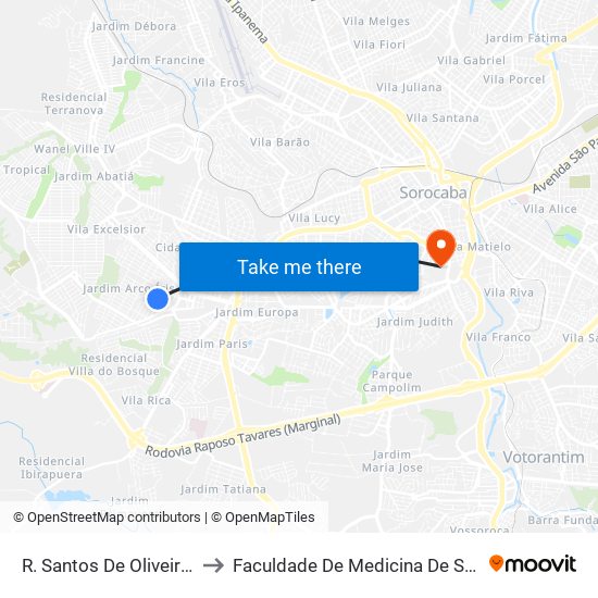 R. Santos De Oliveira, 282 to Faculdade De Medicina De Sorocaba map