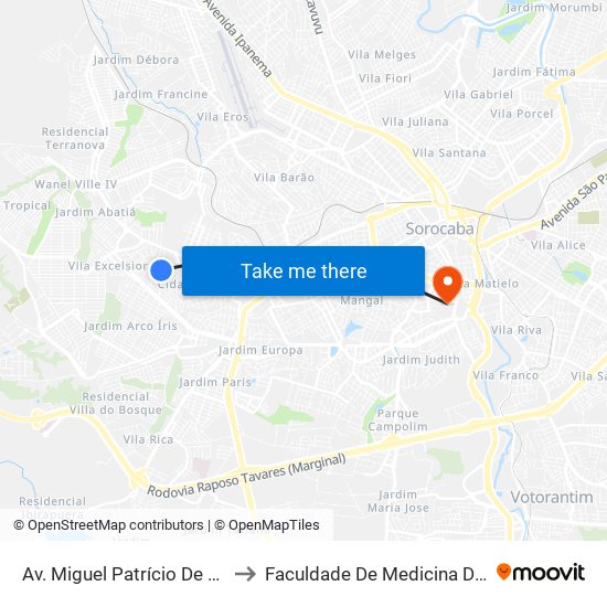 Av. Miguel Patrício De Moraes, Sn to Faculdade De Medicina De Sorocaba map