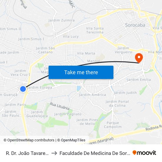 R. Dr. João Tavares, Sn to Faculdade De Medicina De Sorocaba map