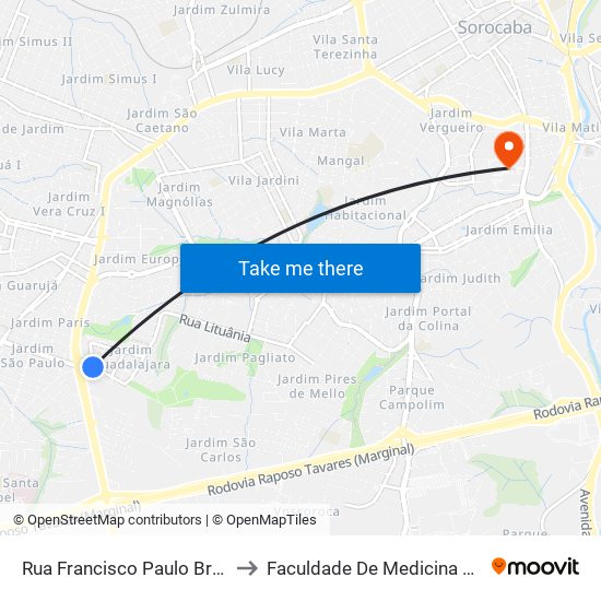 Rua Francisco Paulo Braion, Nº139 to Faculdade De Medicina De Sorocaba map
