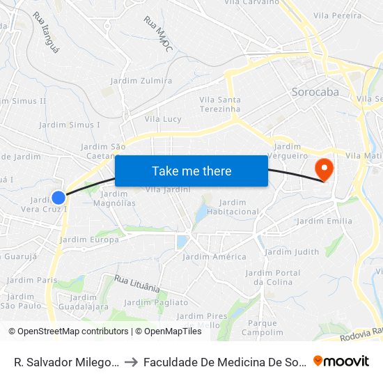 R. Salvador Milego, 119 to Faculdade De Medicina De Sorocaba map