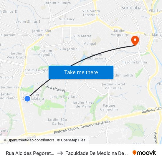 Rua Alcides Pegoretti, Nº31 to Faculdade De Medicina De Sorocaba map