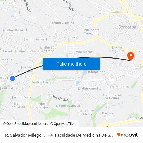 R. Salvador Milego, 1005 to Faculdade De Medicina De Sorocaba map