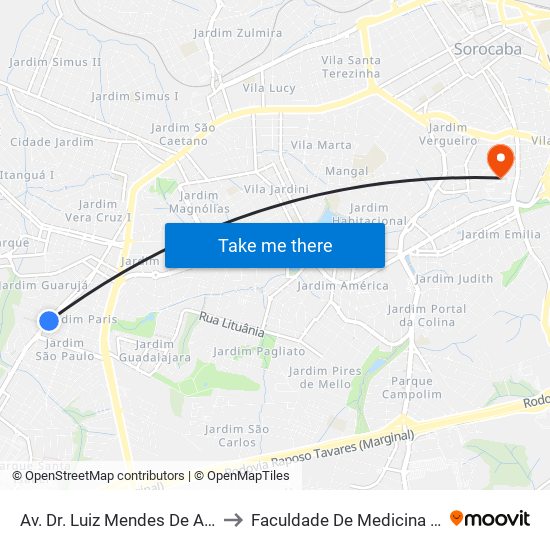 Av. Dr. Luiz Mendes De Almeida, 1075 to Faculdade De Medicina De Sorocaba map