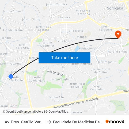 Av. Pres. Getúlio Vargas, 580 to Faculdade De Medicina De Sorocaba map