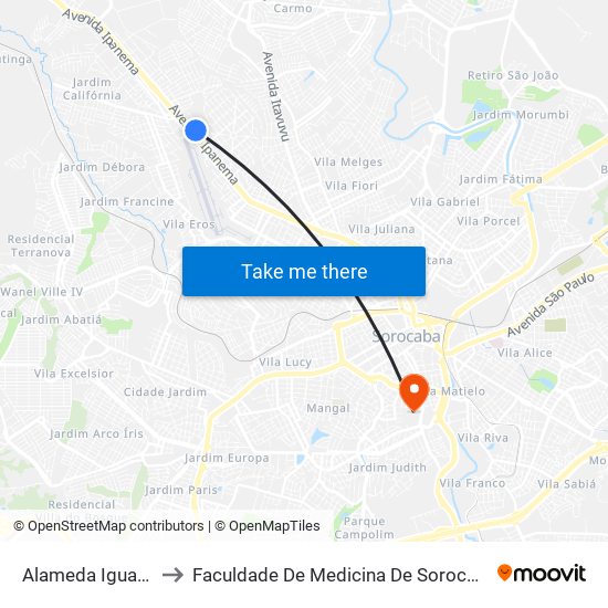 Alameda Iguapé to Faculdade De Medicina De Sorocaba map