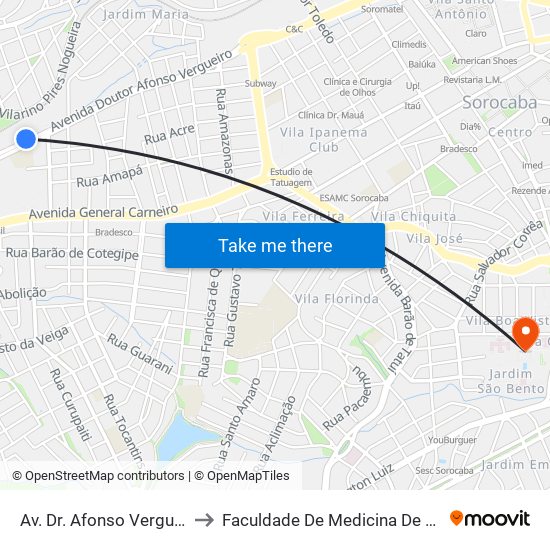 Av. Dr. Afonso Vergueiro, Sn to Faculdade De Medicina De Sorocaba map