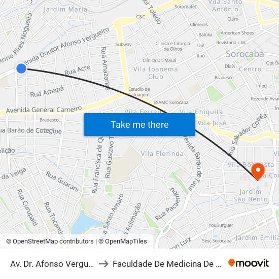 Av. Dr. Afonso Vergueiro, Sn to Faculdade De Medicina De Sorocaba map