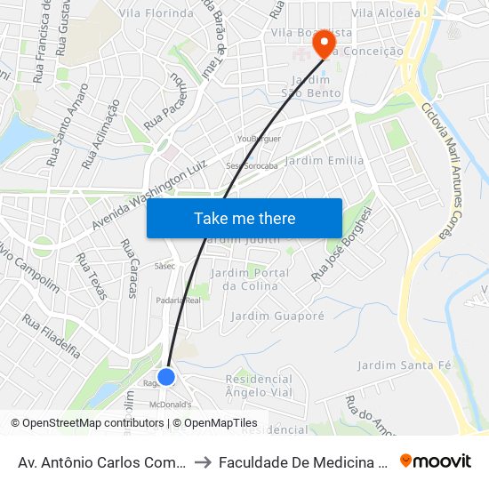 Av. Antônio Carlos Comitre, Nº 995. to Faculdade De Medicina De Sorocaba map