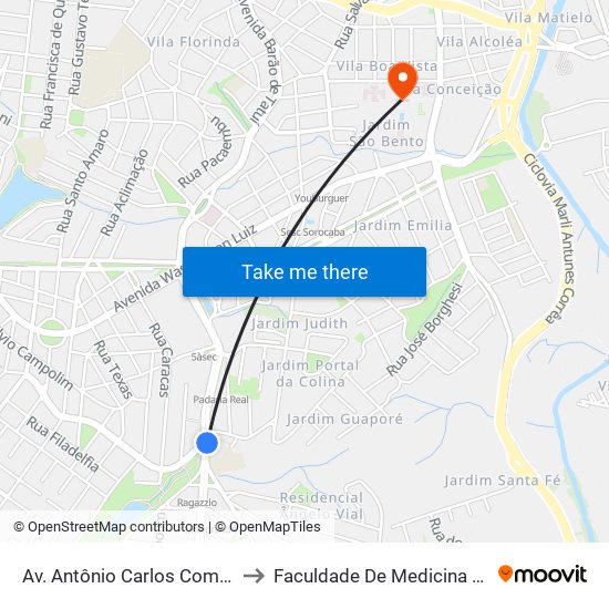 Av. Antônio Carlos Comitre Nº 2051 to Faculdade De Medicina De Sorocaba map