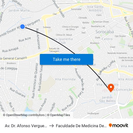 Av. Dr. Afonso Vergueiro, 2284 to Faculdade De Medicina De Sorocaba map