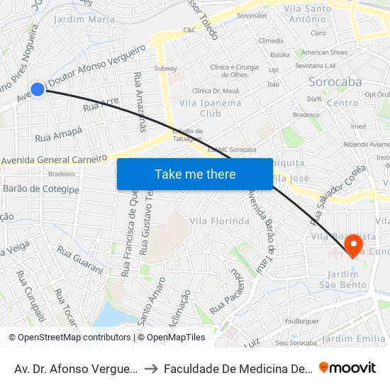 Av. Dr. Afonso Vergueiro, 2635 to Faculdade De Medicina De Sorocaba map
