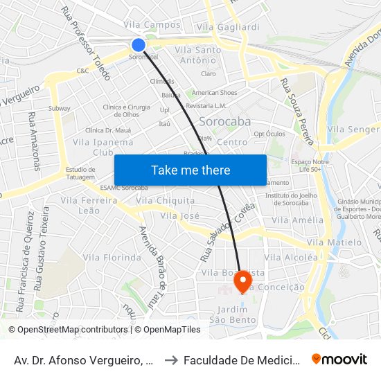 Av. Dr. Afonso Vergueiro, Nº 1.238 ""Cei-16"" to Faculdade De Medicina De Sorocaba map